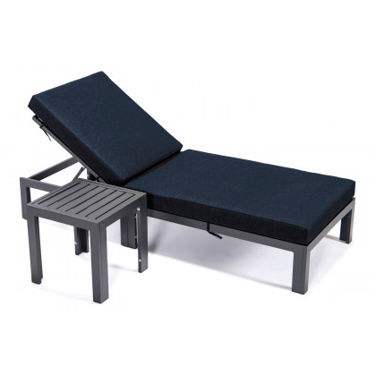 LeisureMod Chelsea Modern Outdoor Black Chaise Lounge Chair with Side Table and Cushions - Black