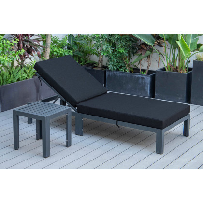 LeisureMod Chelsea Modern Outdoor Black Chaise Lounge Chair with Side Table and Cushions - Black