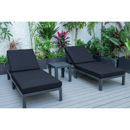 LeisureMod Chelsea Modern Outdoor Black Chaise Lounge with Side Table and Cushions (Set Of 2) - Black