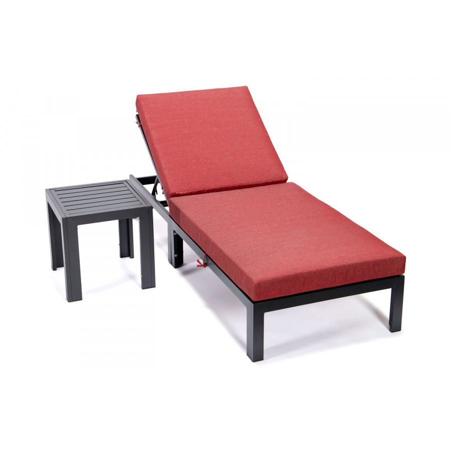 LeisureMod Chelsea Modern Outdoor Black Chaise Lounge Chair with Side Table and Cushions - Red