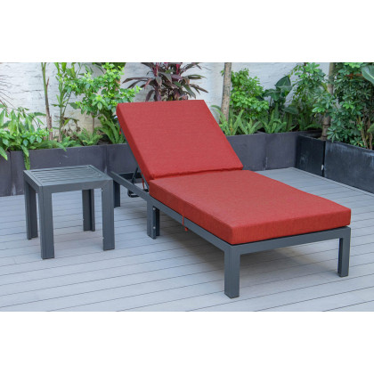 LeisureMod Chelsea Modern Outdoor Black Chaise Lounge Chair with Side Table and Cushions - Red