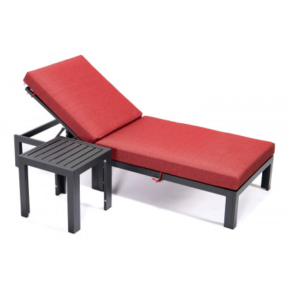 LeisureMod Chelsea Modern Outdoor Black Chaise Lounge Chair with Side Table and Cushions - Red