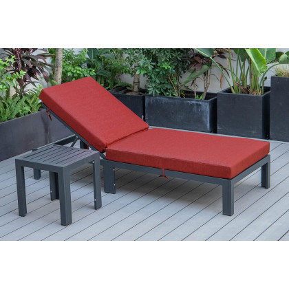 LeisureMod Chelsea Modern Outdoor Black Chaise Lounge Chair with Side Table and Cushions - Red