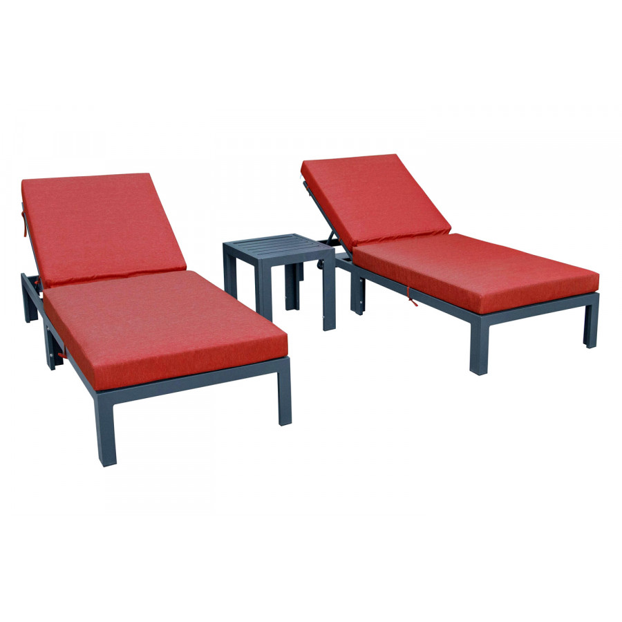 LeisureMod Chelsea Modern Outdoor Black Chaise Lounge with Side Table and Cushions (Set Of 2) - Red