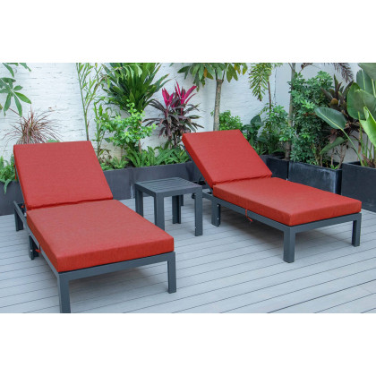 LeisureMod Chelsea Modern Outdoor Black Chaise Lounge with Side Table and Cushions (Set Of 2) - Red