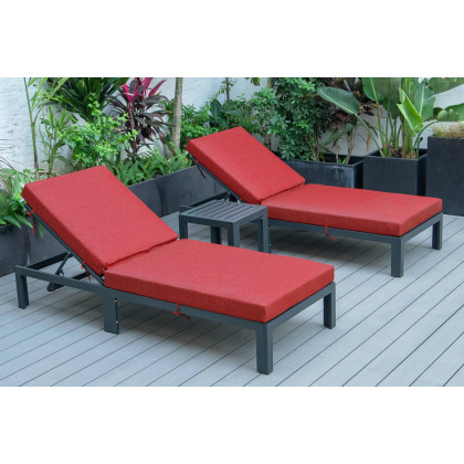 LeisureMod Chelsea Modern Outdoor Black Chaise Lounge with Side Table and Cushions (Set Of 2) - Red