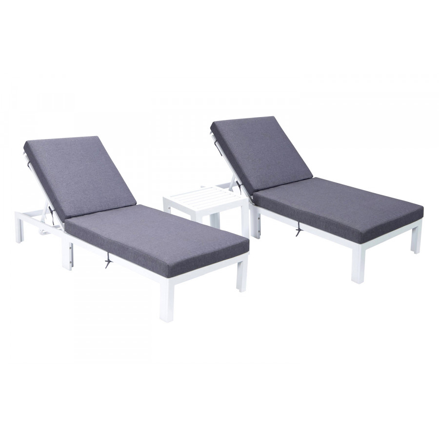 LeisureMod Chelsea Modern Outdoor White Chaise Lounge with Side Table and Cushions (Set Of 2) - Blue