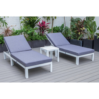 LeisureMod Chelsea Modern Outdoor White Chaise Lounge with Side Table and Cushions (Set Of 2) - Blue