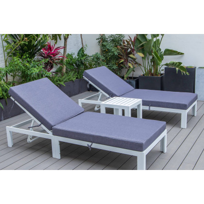 LeisureMod Chelsea Modern Outdoor White Chaise Lounge with Side Table and Cushions (Set Of 2) - Blue