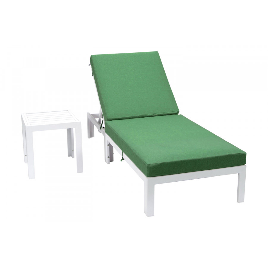 LeisureMod Chelsea Modern Outdoor White Chaise Lounge Chair with Side Table and Cushions - Green