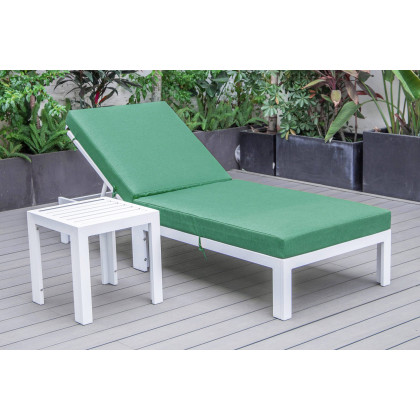 LeisureMod Chelsea Modern Outdoor White Chaise Lounge Chair with Side Table and Cushions - Green