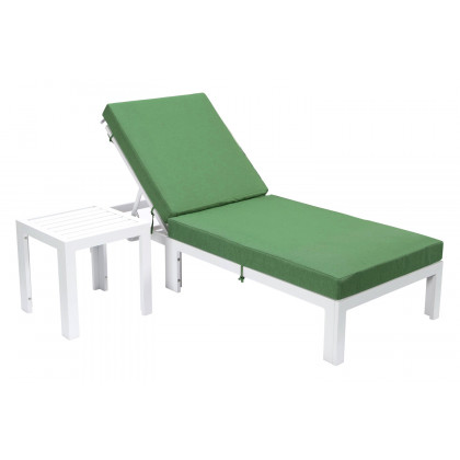 LeisureMod Chelsea Modern Outdoor White Chaise Lounge Chair with Side Table and Cushions - Green