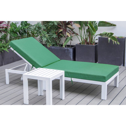 LeisureMod Chelsea Modern Outdoor White Chaise Lounge Chair with Side Table and Cushions - Green