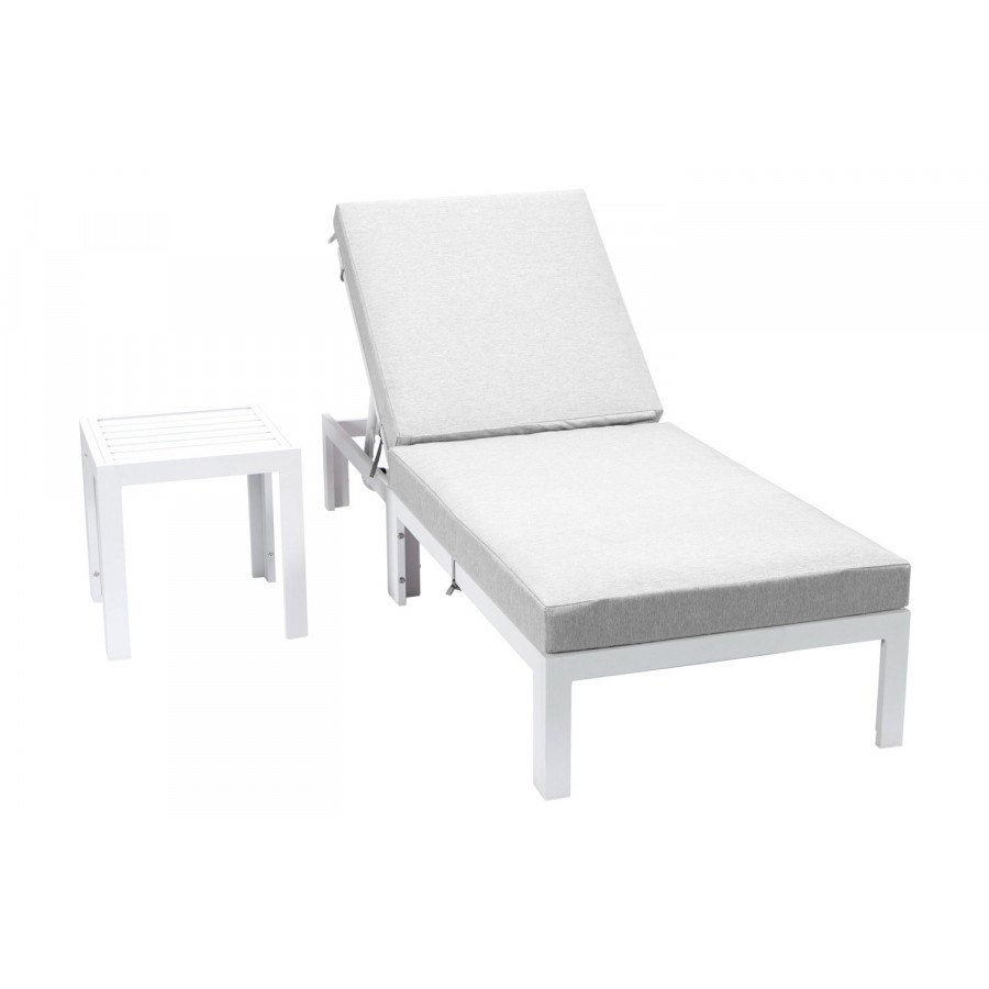 LeisureMod Chelsea Modern Outdoor White Chaise Lounge Chair with Side Table and Cushions - Light Gray