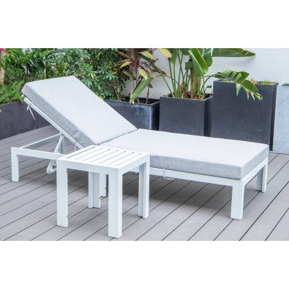 LeisureMod Chelsea Modern Outdoor White Chaise Lounge Chair with Side Table and Cushions - Light Gray