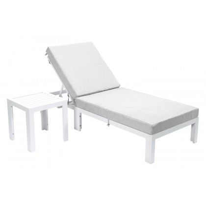 LeisureMod Chelsea Modern Outdoor White Chaise Lounge Chair with Side Table and Cushions - Light Gray