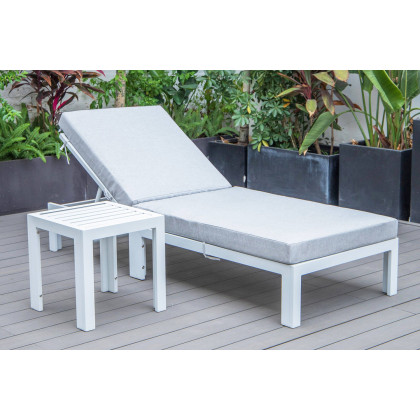 LeisureMod Chelsea Modern Outdoor White Chaise Lounge Chair with Side Table and Cushions - Light Gray