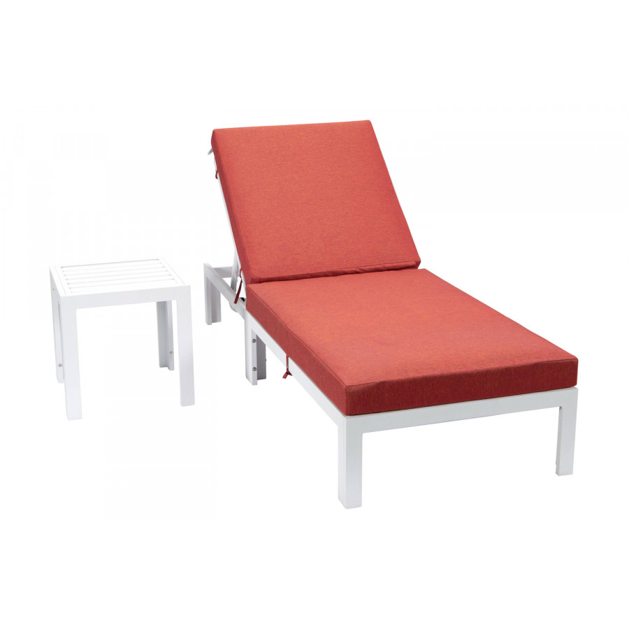 LeisureMod Chelsea Modern Outdoor White Chaise Lounge Chair with Side Table and Cushions - Red