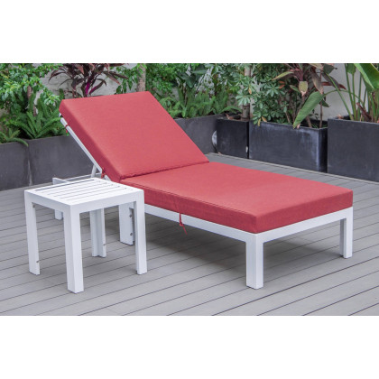 LeisureMod Chelsea Modern Outdoor White Chaise Lounge Chair with Side Table and Cushions - Red
