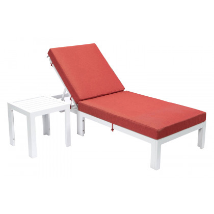 LeisureMod Chelsea Modern Outdoor White Chaise Lounge Chair with Side Table and Cushions - Red