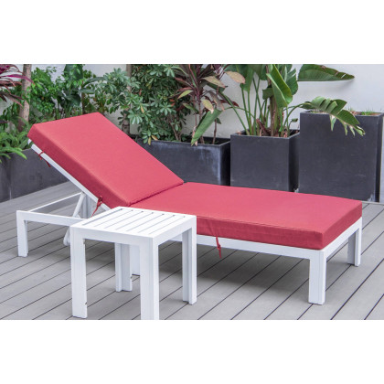 LeisureMod Chelsea Modern Outdoor White Chaise Lounge Chair with Side Table and Cushions - Red