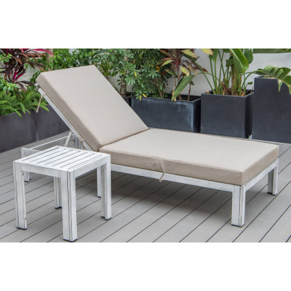 LeisureMod Chelsea Modern Outdoor Weathered Gray Chaise Lounge Chair with Side Table and Cushions - Beige
