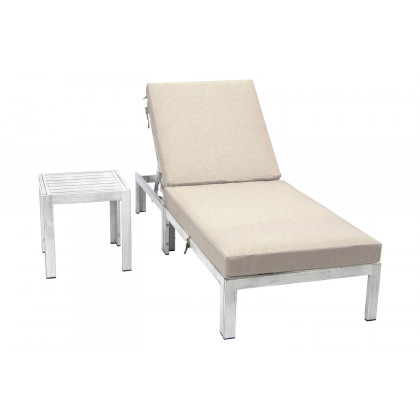 LeisureMod Chelsea Modern Outdoor Weathered Gray Chaise Lounge Chair with Side Table and Cushions - Beige