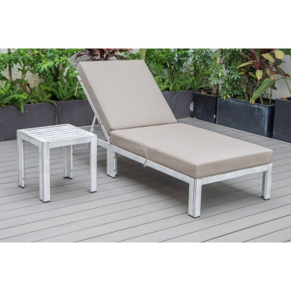 LeisureMod Chelsea Modern Outdoor Weathered Gray Chaise Lounge Chair with Side Table and Cushions - Beige
