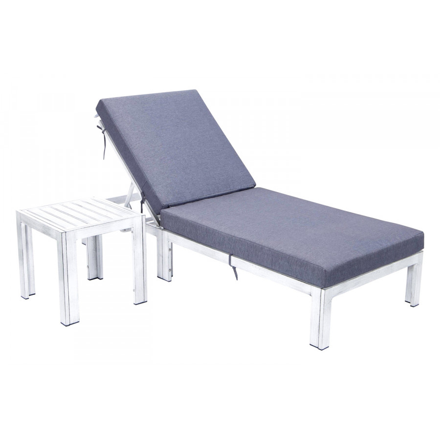 LeisureMod Chelsea Modern Outdoor Weathered Gray Chaise Lounge Chair with Side Table and Cushions - Blue
