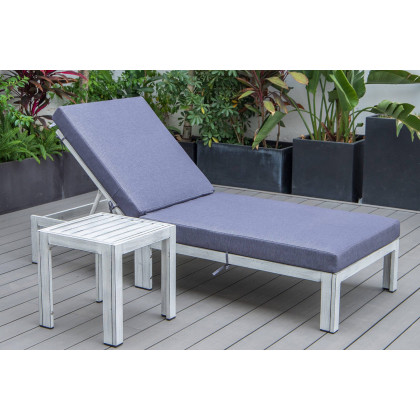 LeisureMod Chelsea Modern Outdoor Weathered Gray Chaise Lounge Chair with Side Table and Cushions - Blue
