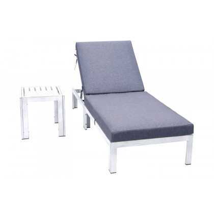 LeisureMod Chelsea Modern Outdoor Weathered Gray Chaise Lounge Chair with Side Table and Cushions - Blue