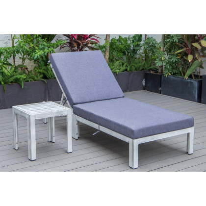 LeisureMod Chelsea Modern Outdoor Weathered Gray Chaise Lounge Chair with Side Table and Cushions - Blue