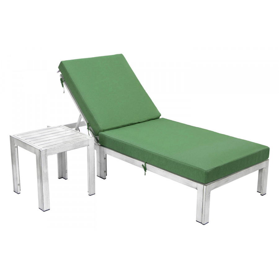 LeisureMod Chelsea Modern Outdoor Weathered Gray Chaise Lounge Chair with Side Table and Cushions - Green