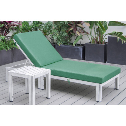 LeisureMod Chelsea Modern Outdoor Weathered Gray Chaise Lounge Chair with Side Table and Cushions - Green