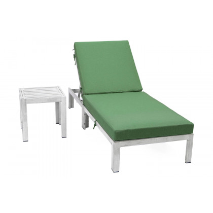 LeisureMod Chelsea Modern Outdoor Weathered Gray Chaise Lounge Chair with Side Table and Cushions - Green