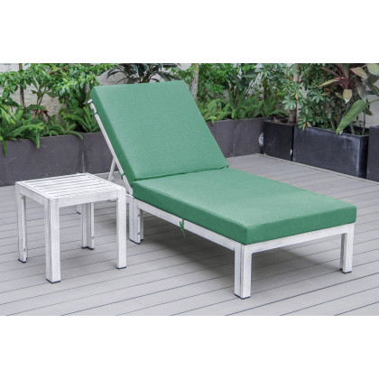 LeisureMod Chelsea Modern Outdoor Weathered Gray Chaise Lounge Chair with Side Table and Cushions - Green