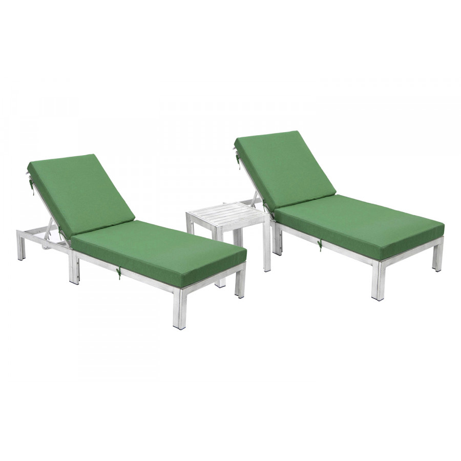 LeisureMod Chelsea Modern Outdoor Weathered Gray Chaise Lounge with Side Table and Cushions (Set Of 2) - Green