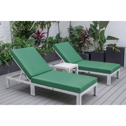 LeisureMod Chelsea Modern Outdoor Weathered Gray Chaise Lounge with Side Table and Cushions (Set Of 2) - Green