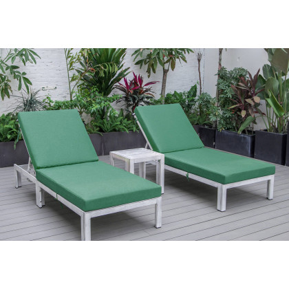 LeisureMod Chelsea Modern Outdoor Weathered Gray Chaise Lounge with Side Table and Cushions (Set Of 2) - Green