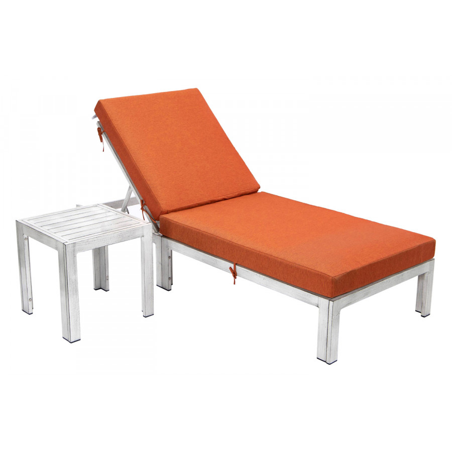 LeisureMod Chelsea Modern Outdoor Weathered Gray Chaise Lounge Chair with Side Table and Cushions - Orange