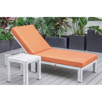 LeisureMod Chelsea Modern Outdoor Weathered Gray Chaise Lounge Chair with Side Table and Cushions - Orange