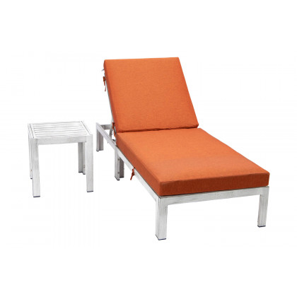 LeisureMod Chelsea Modern Outdoor Weathered Gray Chaise Lounge Chair with Side Table and Cushions - Orange