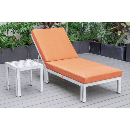 LeisureMod Chelsea Modern Outdoor Weathered Gray Chaise Lounge Chair with Side Table and Cushions - Orange