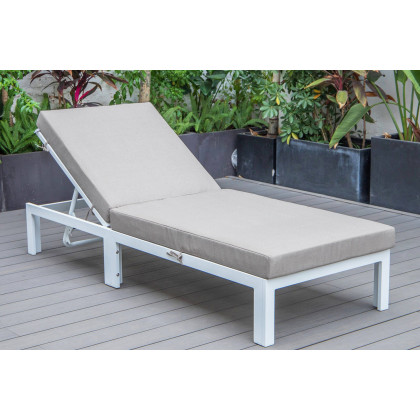 LeisureMod Chelsea Modern Outdoor White Chaise Lounge Chair with Cushions - Beige