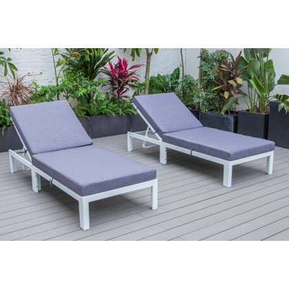 LeisureMod Chelsea Modern Outdoor White Chaise Lounge Chair with Cushions (Set Of 2) - Blue