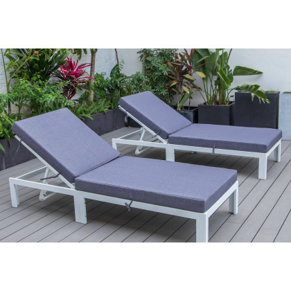 LeisureMod Chelsea Modern Outdoor White Chaise Lounge Chair with Cushions (Set Of 2) - Blue