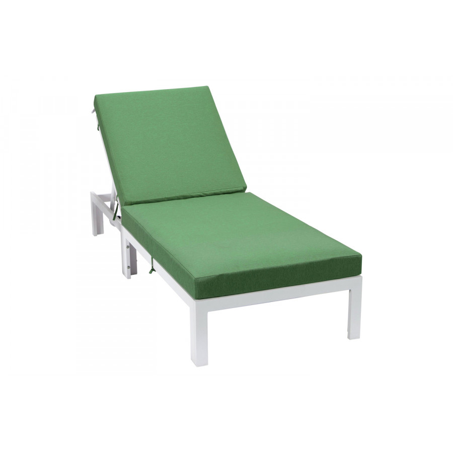 LeisureMod Chelsea Modern Outdoor White Chaise Lounge Chair with Cushions - Green