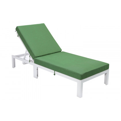 LeisureMod Chelsea Modern Outdoor White Chaise Lounge Chair with Cushions - Green