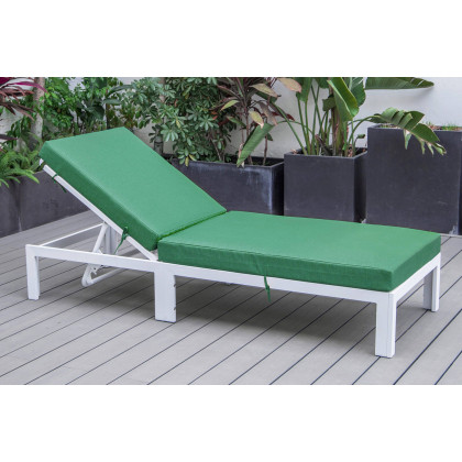 LeisureMod Chelsea Modern Outdoor White Chaise Lounge Chair with Cushions - Green