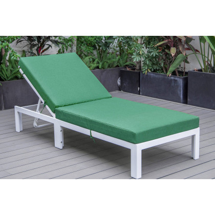 LeisureMod Chelsea Modern Outdoor White Chaise Lounge Chair with Cushions - Green